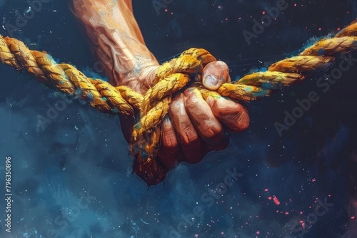 This poignant image captures two strong hands gripping a thick golden rope, symbolizing effort and cooperation, against a star-studded galactic backdrop