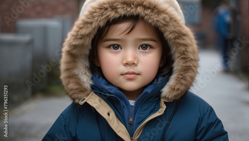 A young child is wearing a blue winter coat with a fur-lined hood. photo
