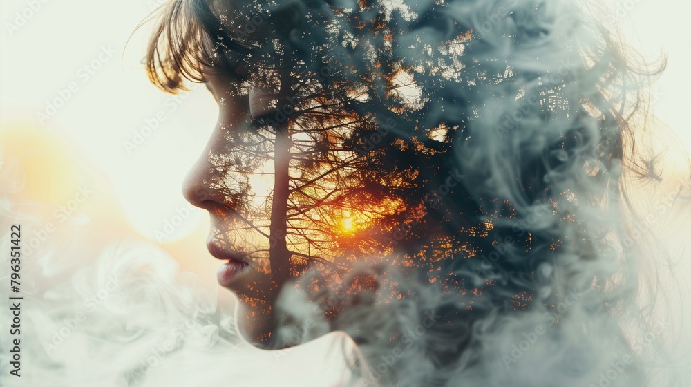 Double exposure, woman with smoke coming out of her head, lifestyle summer cloud sky sun
