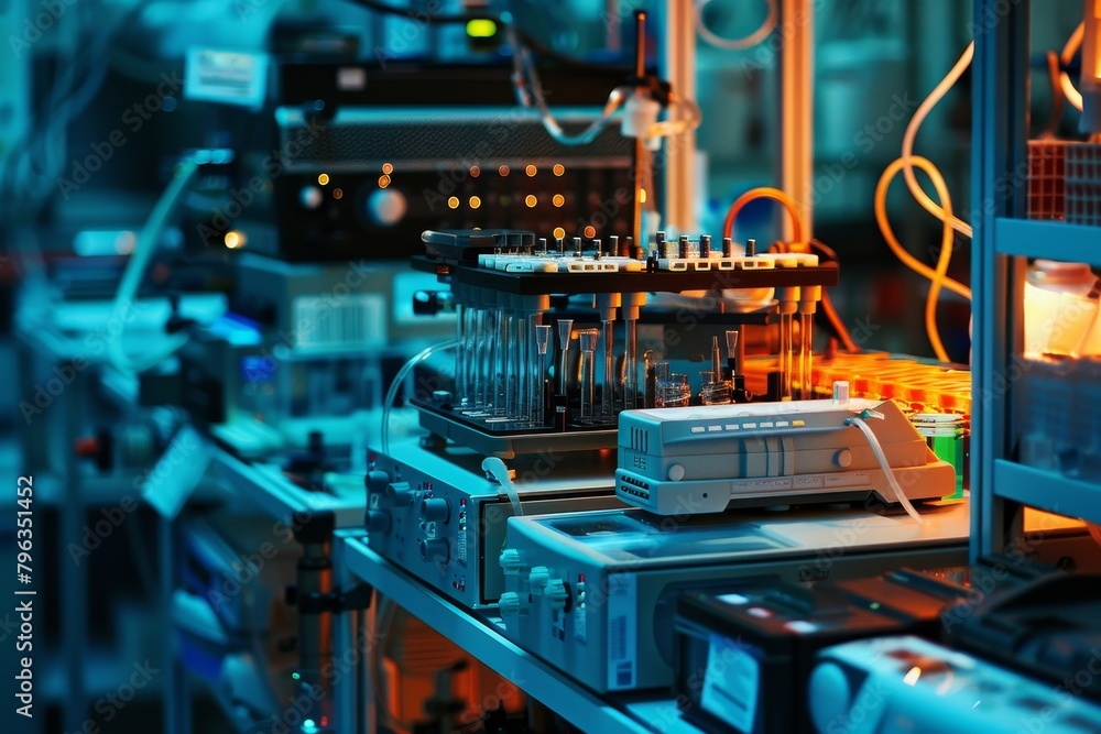 A lab bench with many scientific instruments and equipment A lab bench with many scientific instruments and equipment