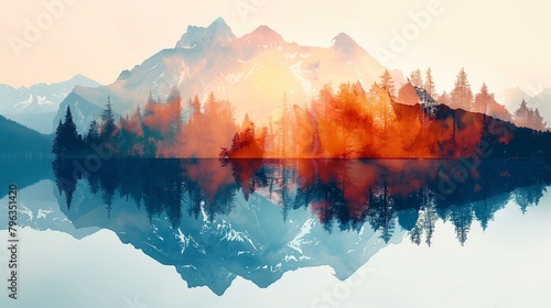 Double exposure, mountain range with trees reflected in water, sunrise dawn cloud sky tranquil scene