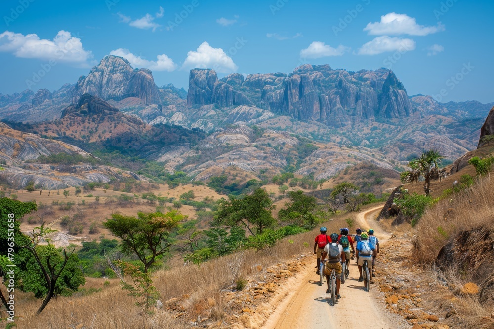 Cyclists enjoying a leisurely group ride on a picturesque and scenic country trail