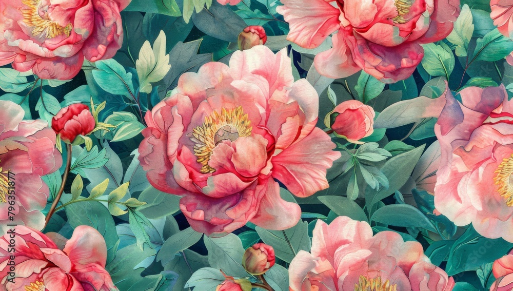 Seamless pattern with blooming pink and coral peonies