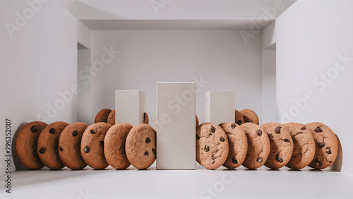 Mockup of a pack of cookies. A paper packet of cookies stands in the middle of chocolate chip cookies. Super realistic 3D render. AI generated.
