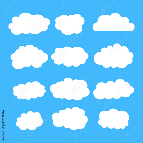 Cloud weather icon set on blue sky background.