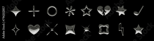 Set of 3d metal elements in y2k style. Vector illustration for retro futuristic design