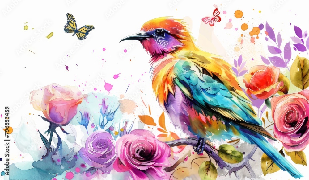 A vibrant watercolor illustration of an exotic bird perched on the edge