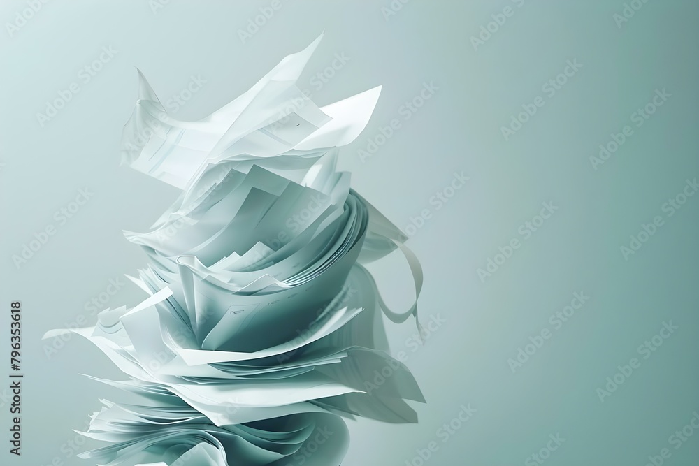 A stack of papers swirling in the air. Concept Paperwork, Office chaos, Document management, Organizational skills, Paper storm A stack of papers swirling in the air. Concept Paperwork, Office chaos, Document management, Organizational skills, Paper storm