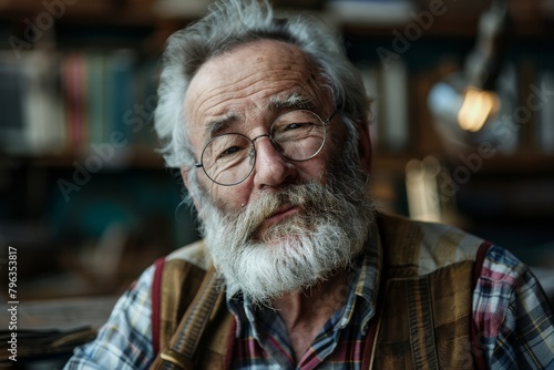 A wise elderly bearded man sits in a library, his face telling a story of life's many chapters