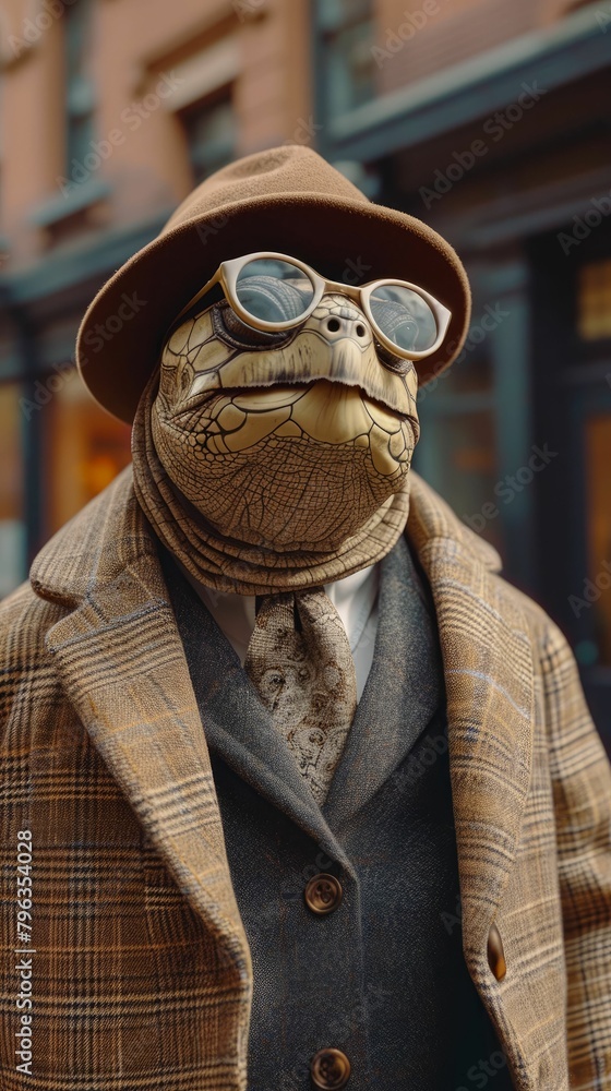 Stylish turtle ambles through city streets in tailored elegance, epitomizing street style. The realistic urban backdrop frames this shelled reptile, seamlessly merging slow-paced charm with contempora