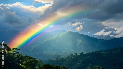 Cloudscape with blue sky and white clouds rainbow  Rainbow over the flowering meadow  ai generated 