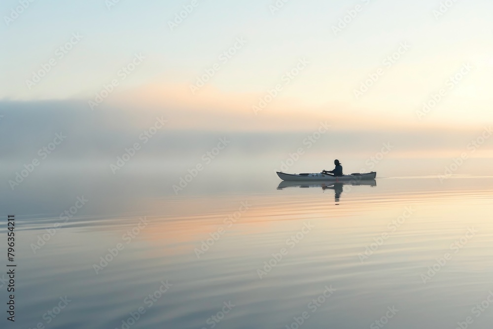 An individual canoeing on a peaceful lake enveloped in mist, creating a tranquil setting An individual canoeing on a peaceful lake enveloped in mist, creating a tranquil setting