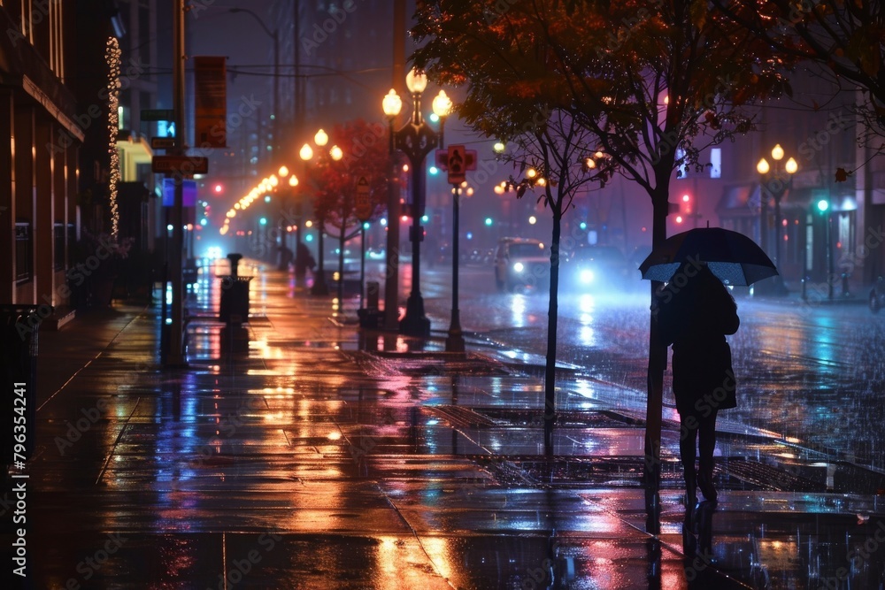 An urban landscape on a rain-soaked evening, illuminated by street lamps and a feeling of tranquility