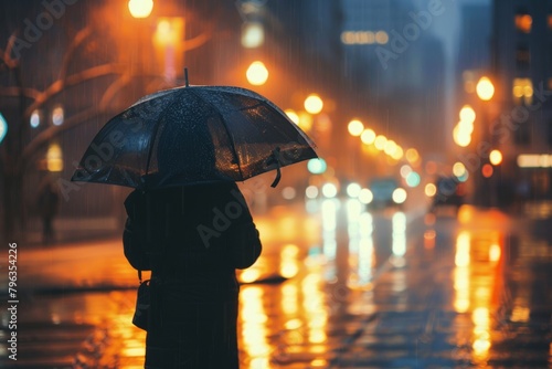 A city dweller shields themselves from the rain, the city's glowing lights creating a mood of mystery and reflection photo