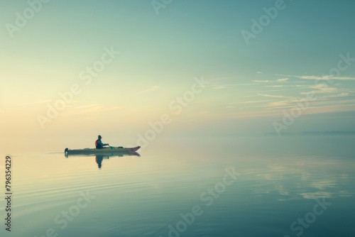 The ethereal calm of dawn is perfectly captured as a lone kayaker explores the mirror-like waters of a peaceful lake, reflecting the sky