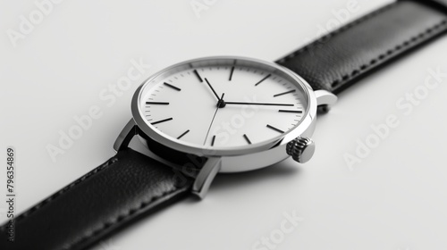 A watch with a black band and a white face
