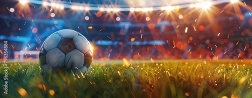 Soccer ball on the stadium with light beam background
