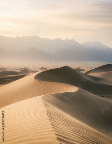 An expansive view where large desert dunes in the foreground lead to distant  rugged mountains