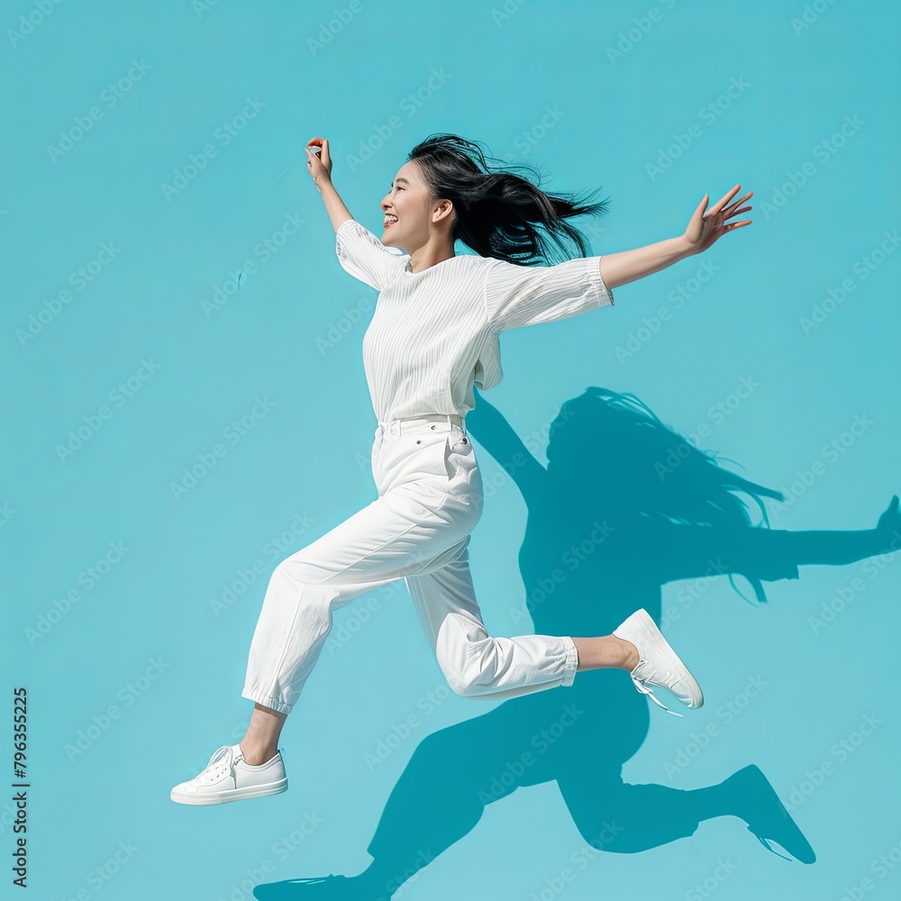 Obraz premium asian woman jumping on blue background 
