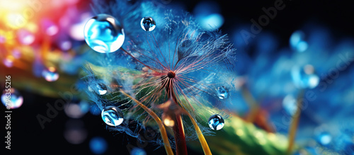 Transparent drops of water on a dandelion macro flower. Sparkling droplets water. Beautiful bright blue floral background.