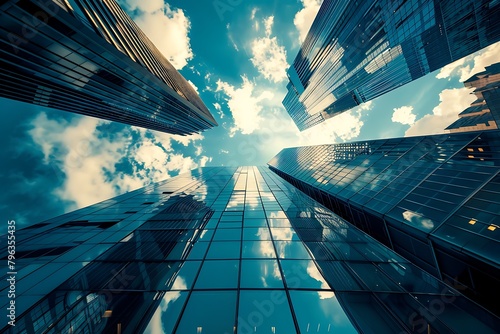 Reflective skyscraper business office buildings.