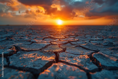 The stark contrast of cracked earth against a fiery sunset sky, depicting themes of climate change and drought photo