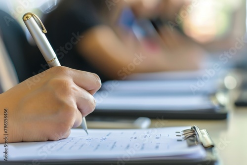 A focused individual recording notes into a spiral notebook during a seminar or class Attention to detail and learning environment