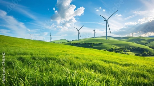 A beautiful green landscape with wind turbines in the background depicting the potential of renewable energy sources like biofuels to create a sustainable future for the world. .