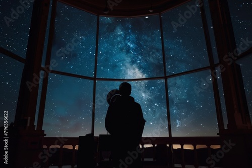 The back view of a person observing a breathtaking starry night sky through a window, an embodiment of peace and reflection
