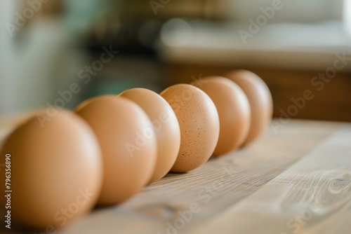 A neat consecutive line of brown eggs on a rustic wooden kitchen counter symbolizes simplicity and potential photo