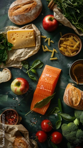 A variety of fresh foods including fish, cheese, and vegetables artfully arranged on a dark background