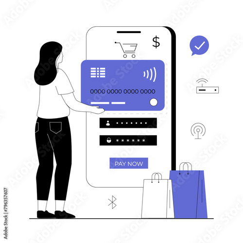 Wireless transaction concept. Woman makes purchases using NFC phone contactless payment. Internet banking. Vector illustration with line people for web design.