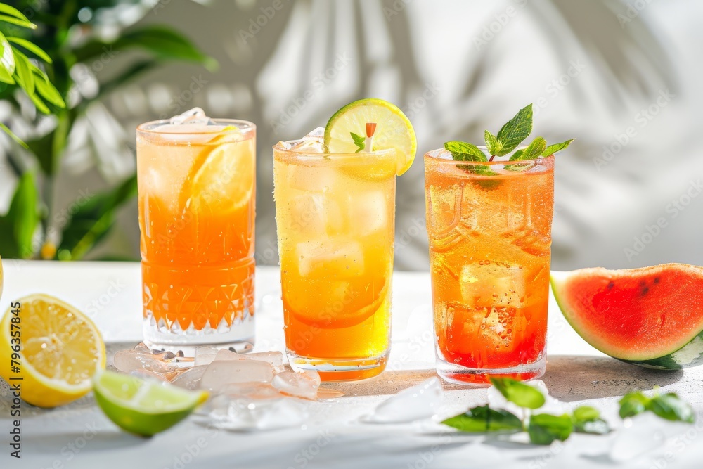 Sunny scene with a selection of chilled beverages adorned with fresh fruits and cooling ice cubes Sunny scene with a selection of chilled beverages adorned with fresh fruits and cooling ice cubes