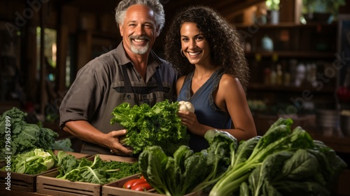 a man and woman standing next to a bunch of vegetables