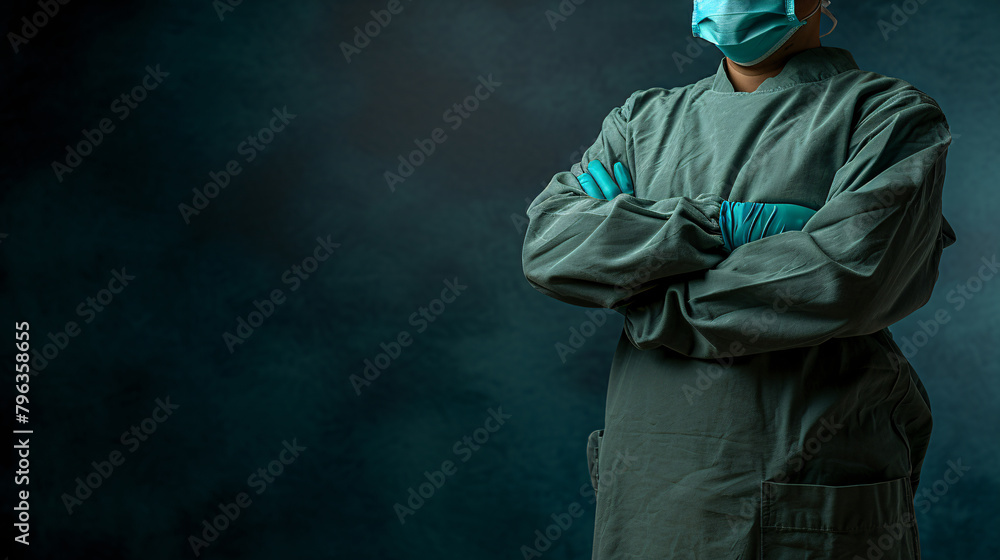 Person in a green coat and gloves is standing with his arms crossed. Pathologist the concept of professionalism and seriousness Person in a green coat and gloves is standing with his arms crossed. Pathologist the concept of professionalism and seriousness