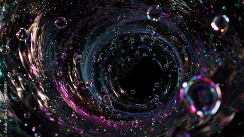 Iridescent droplets form celestial patterns within a circular black void. photo
