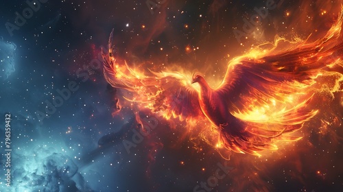 Celestial Phoenix Soaring Through Glowing Cosmic Expanse of Stars and Nebulae