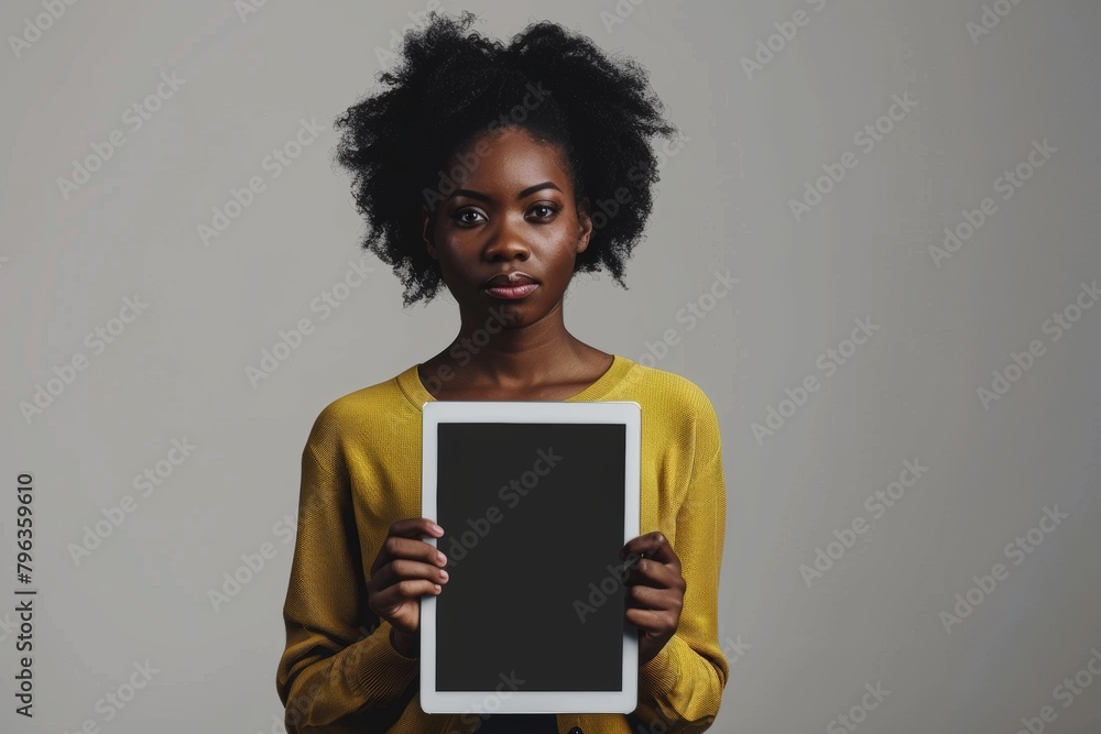 Ui mockup afro-american woman in her 20s holding a tablet with a completely grey screen Ui mockup afro-american woman in her 20s holding a tablet with a completely grey screen