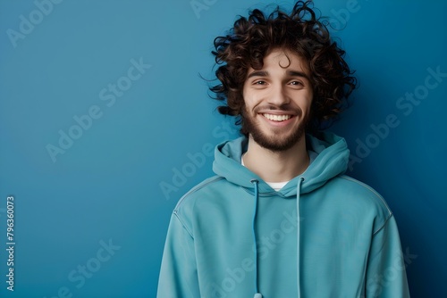 Happy man with curly hair and blue hoodie smiling isolated on blue. Concept For this image description, the topics could be, Blue Hoodie, Curly Hair, Smiling, Isolated, Joyful Portrait, photo