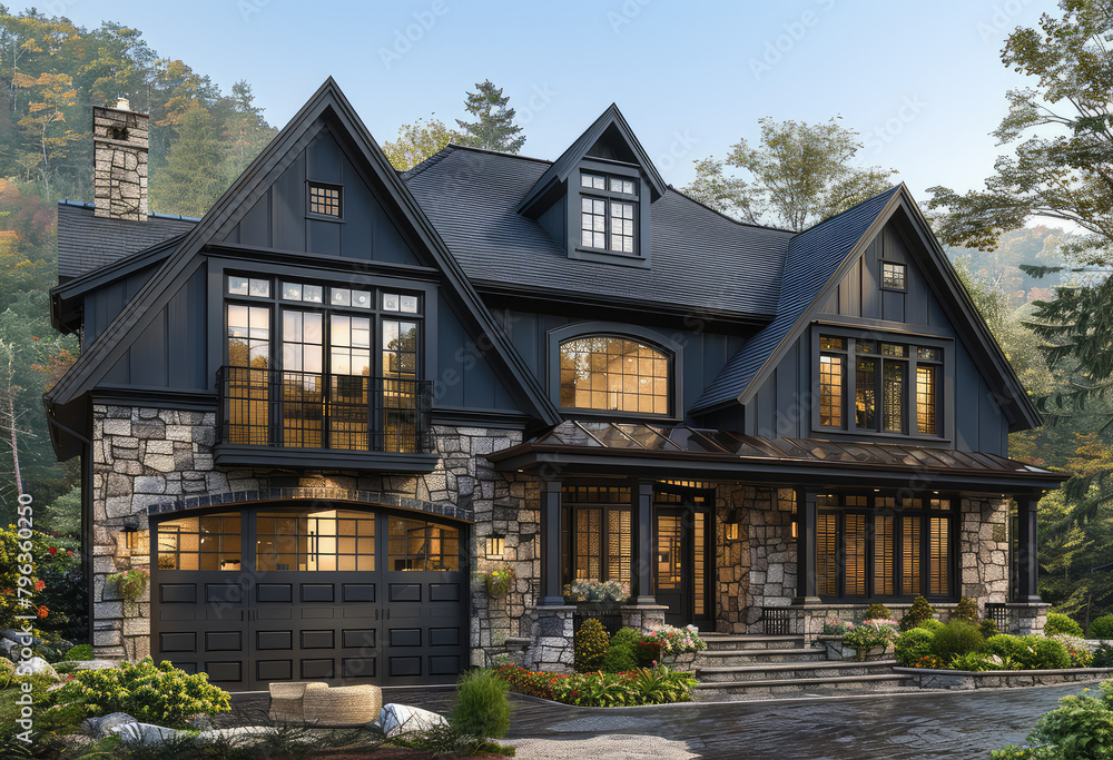  An architectural rendering of an elegant two story luxury home with stone and wood details, large windows. Created with Ai