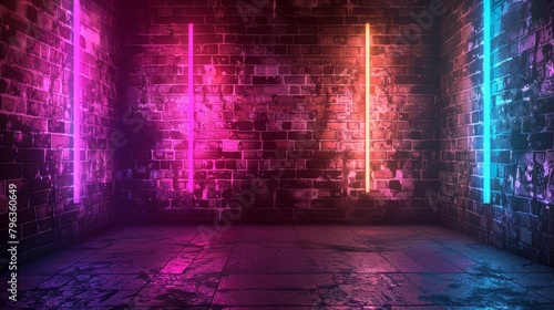 3D rendering of a dilapidated brick wall room, revived with the glow of neon lights in a spectrum of futuristic colors