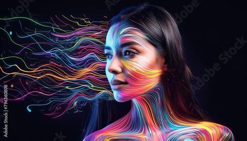 Woman's face formed by lines of colorful and bright neon lights.