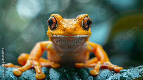 A frog with orange and black eyes is sitting on a leaf photo
