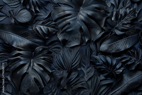 Black minimalist background of tropical leaves