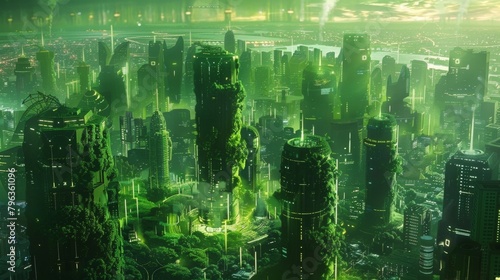 A series of digital scenes depicting a futuristic city powered entirely by algaebased biofuel showcasing the potential for a more sustainable future. . photo