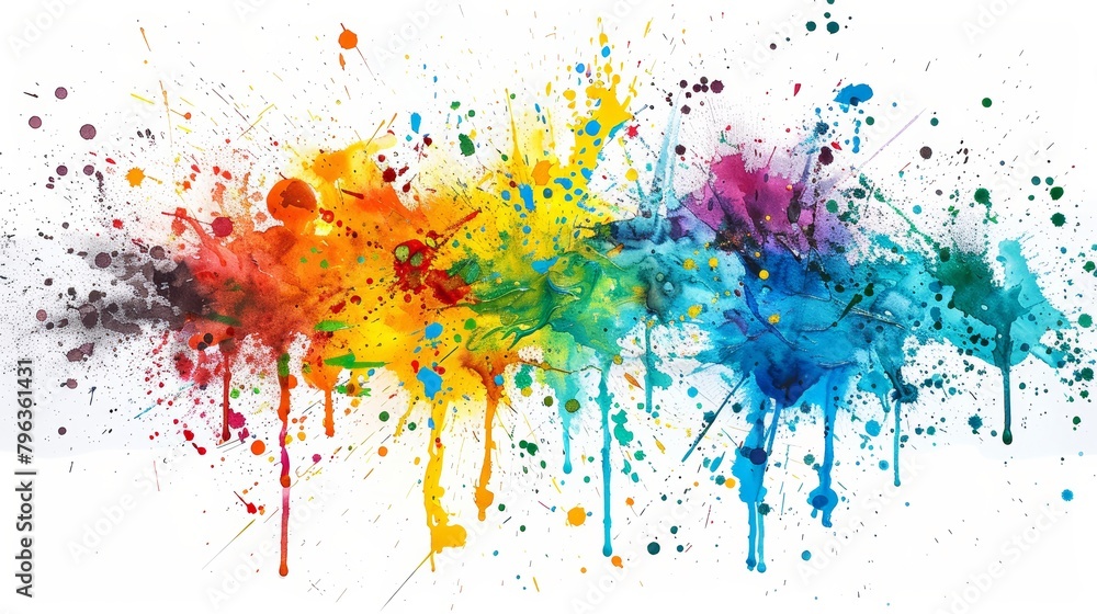 A lively array of paint splashes in a spectrum of colors, distinctly set against a white background to highlight artistic creativity