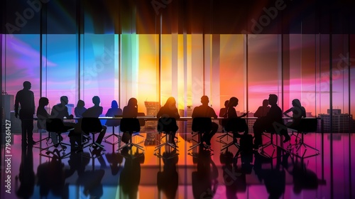 A serene portrait of people silhouetted against the soft light filtering through a colorfully tinted window in a quiet meeting room photo