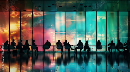 A tranquil meeting room scene, where the silhouettes of attendees are highlighted by the multicolored light from a window behind them