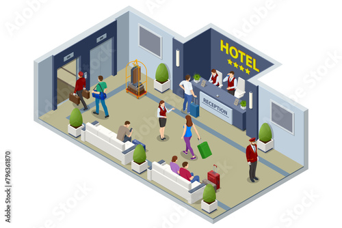 Isometric Hotel Reception Interior. Reception Desk. Man Receptionist Character Standing. People booking hotel and search reservation for holiday.