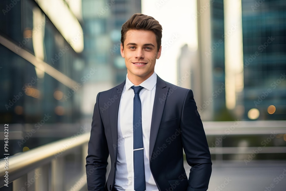 Portrait of a young, successful office man in business attire, with a cityscape of office buildings behind him, representing his rise in the business sector Portrait of a young, successful office man in business attire, with a cityscape of office buildings behind him, representing his rise in the business sector